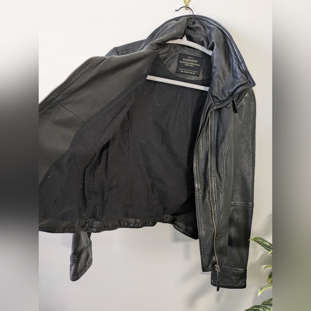 All Saints Black Leather Jacket with Buckle Collar - Picture 9 of 12